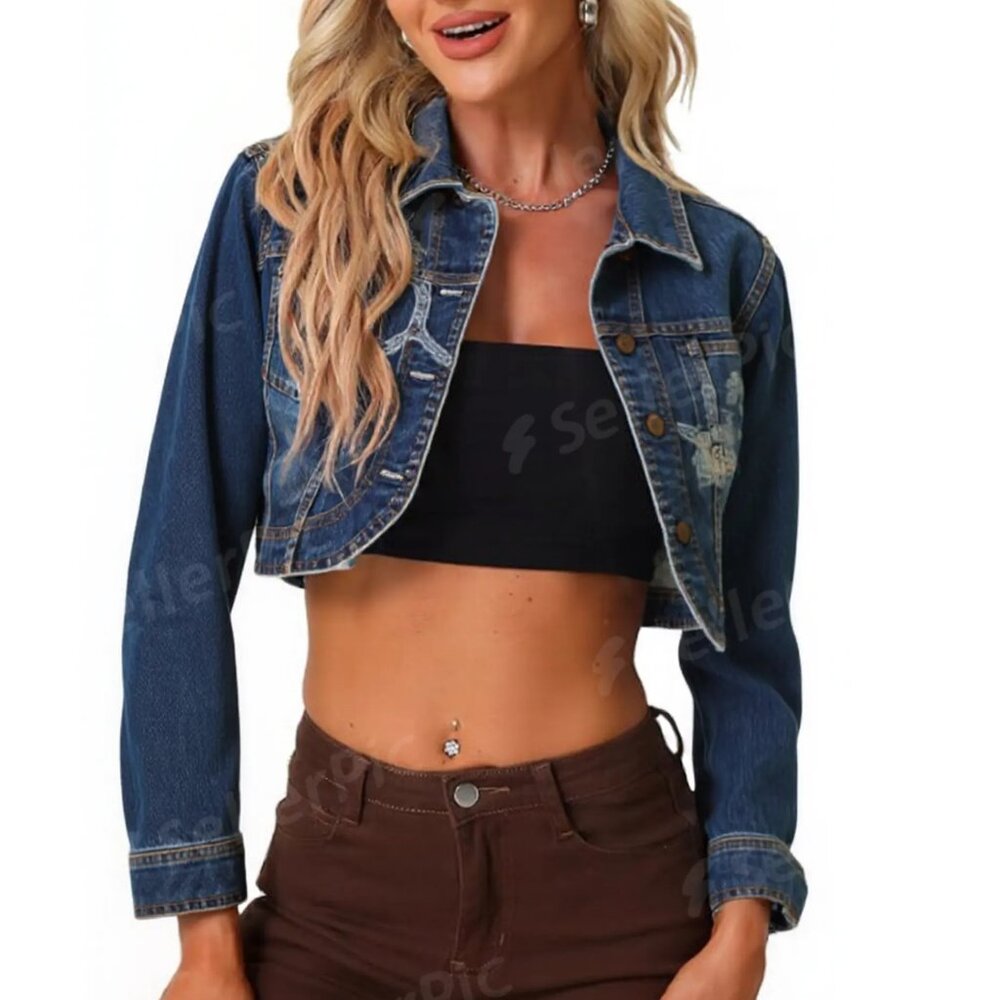 Switch USA Women's Blue Denim Butterfly Design Cropped Jean Jacket Size XL